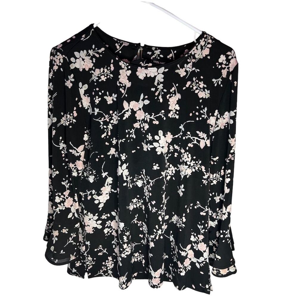 Karl Lagerfeld Women's Medium Floral Bell Sleeve Blouse Black Casual